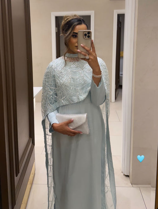 DINA Ice Blue Embellished Trail Cape (2PC)