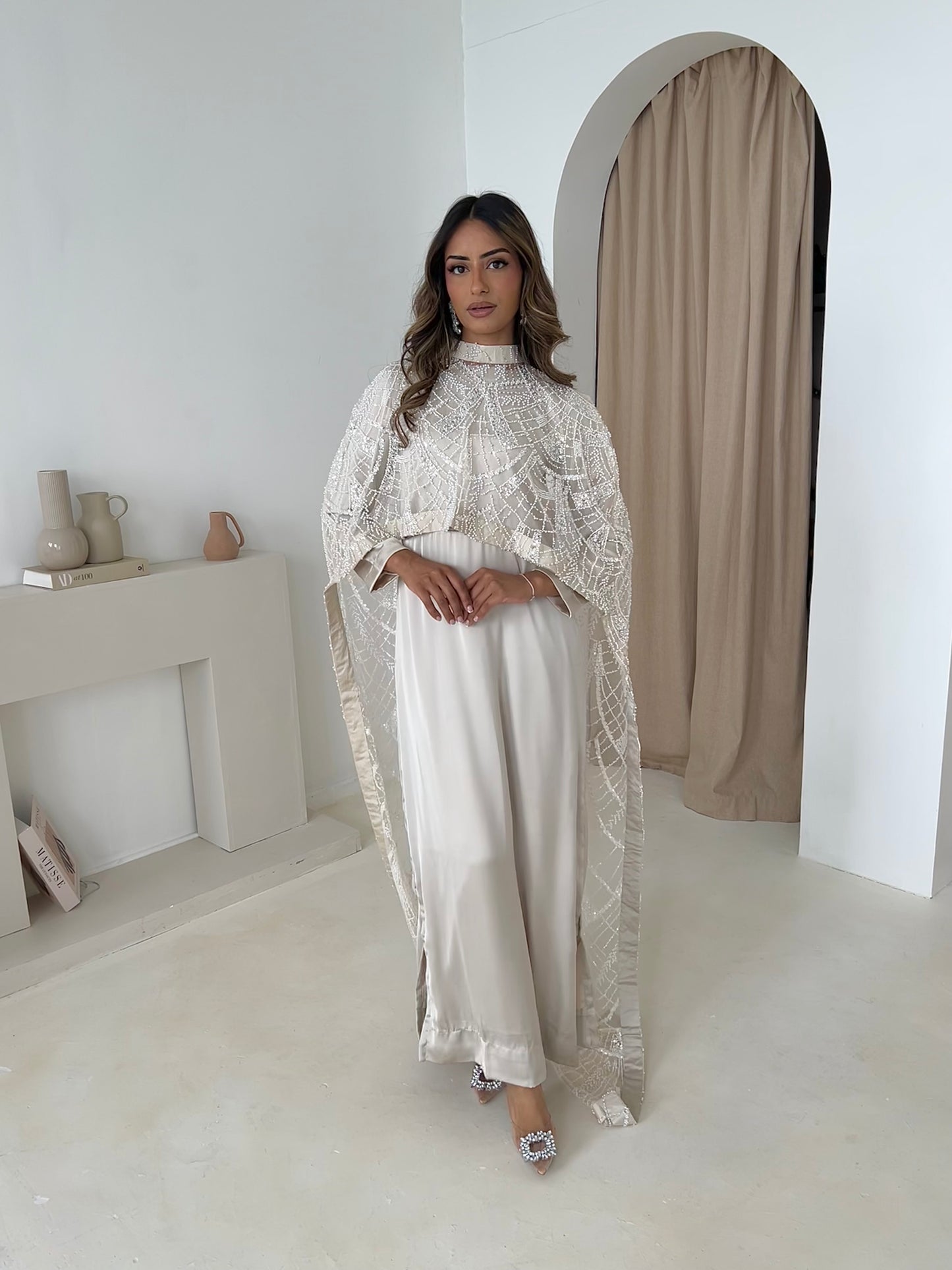 DINA Champagne Embellished Trail Cape Dress (2pc)