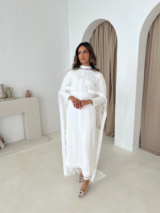 DINA White Embellished Trail Cape Dress (2pc)