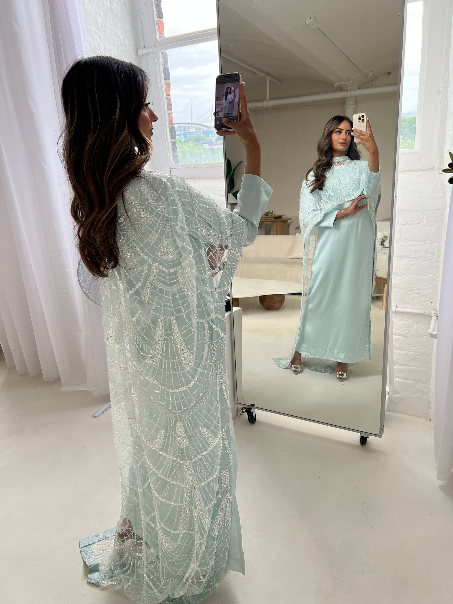 DINA Ice Blue Embellished Trail Cape (2PC)