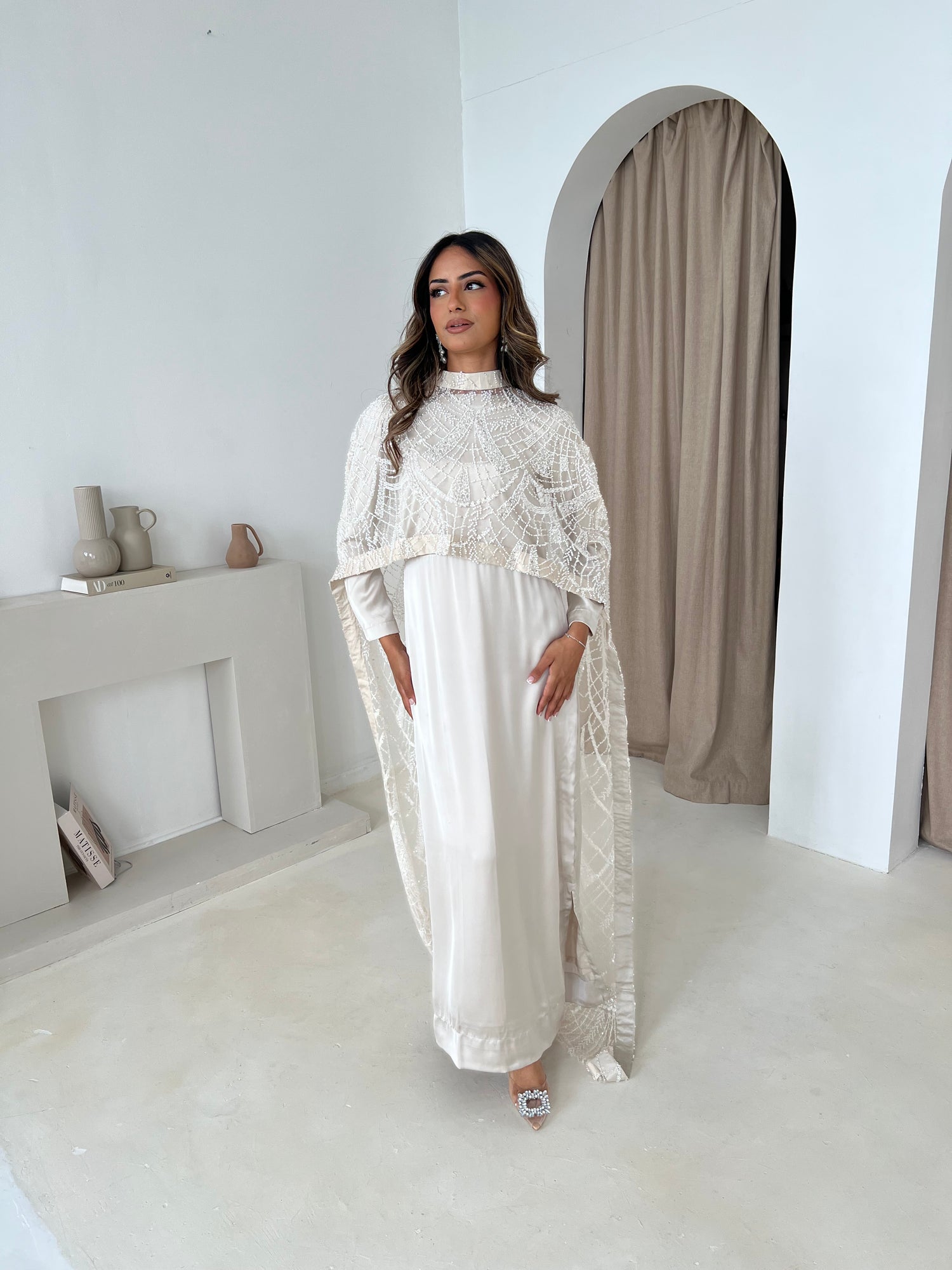 DINA White Embellished Trail Cape Dress (2pc) – Luxury Pakistani ready-to-wear outfit with elegant detailing – Anam Attire UK