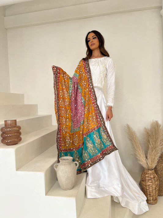 DUPATTA: Pure Silk Heavy Mirror and Tilla Work