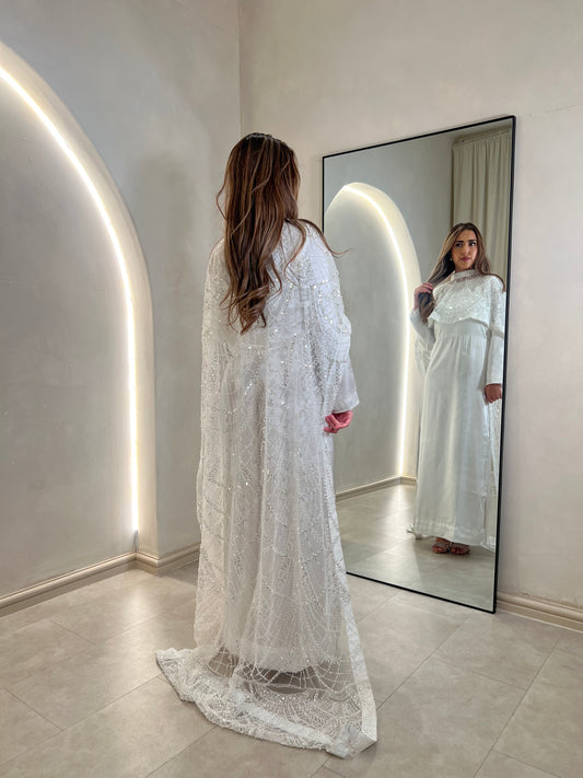 DINA White Embellished Trail Cape Dress (2pc)