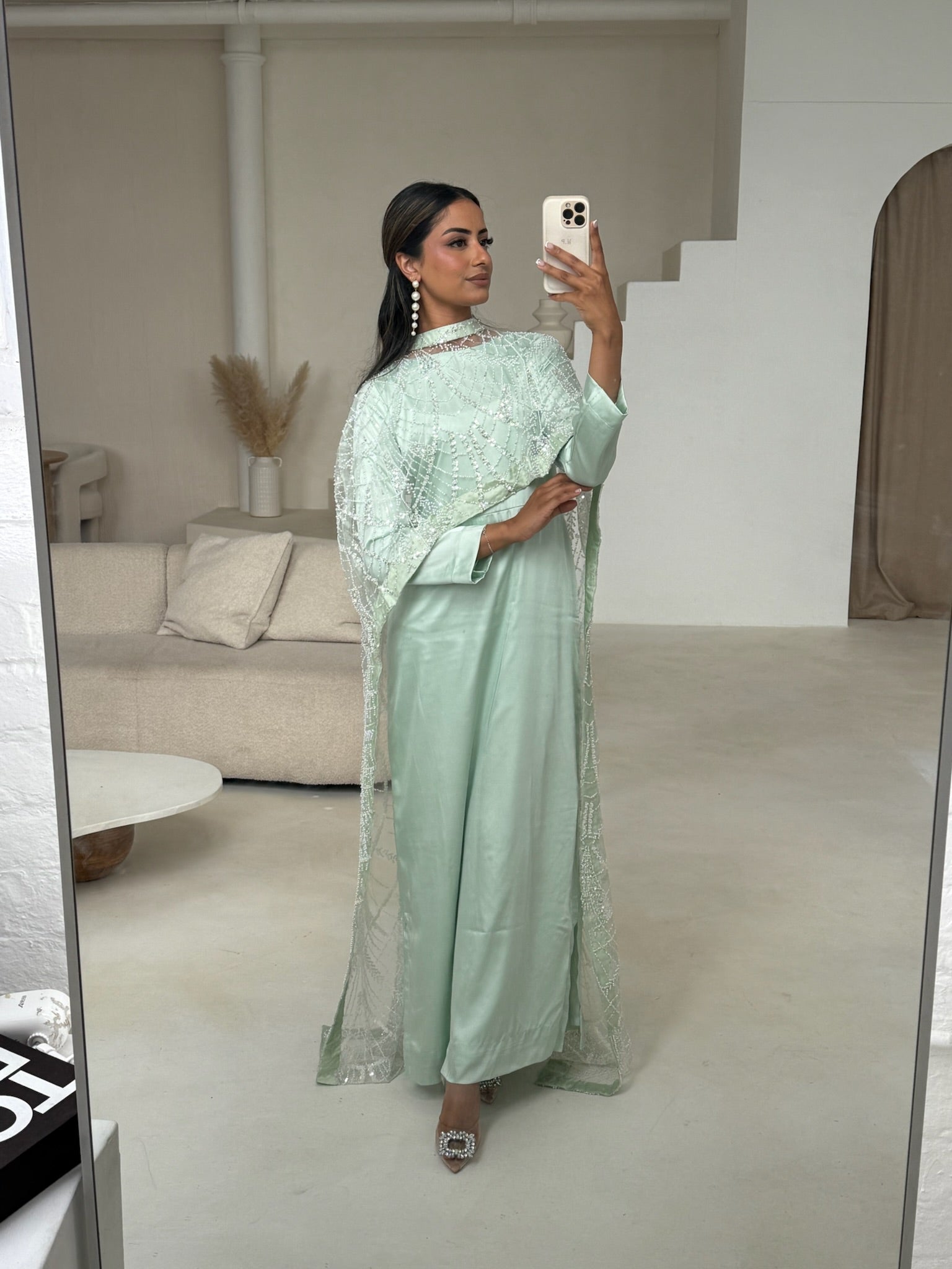 Dina Mint embellished trail cape with satin slip dress – front view