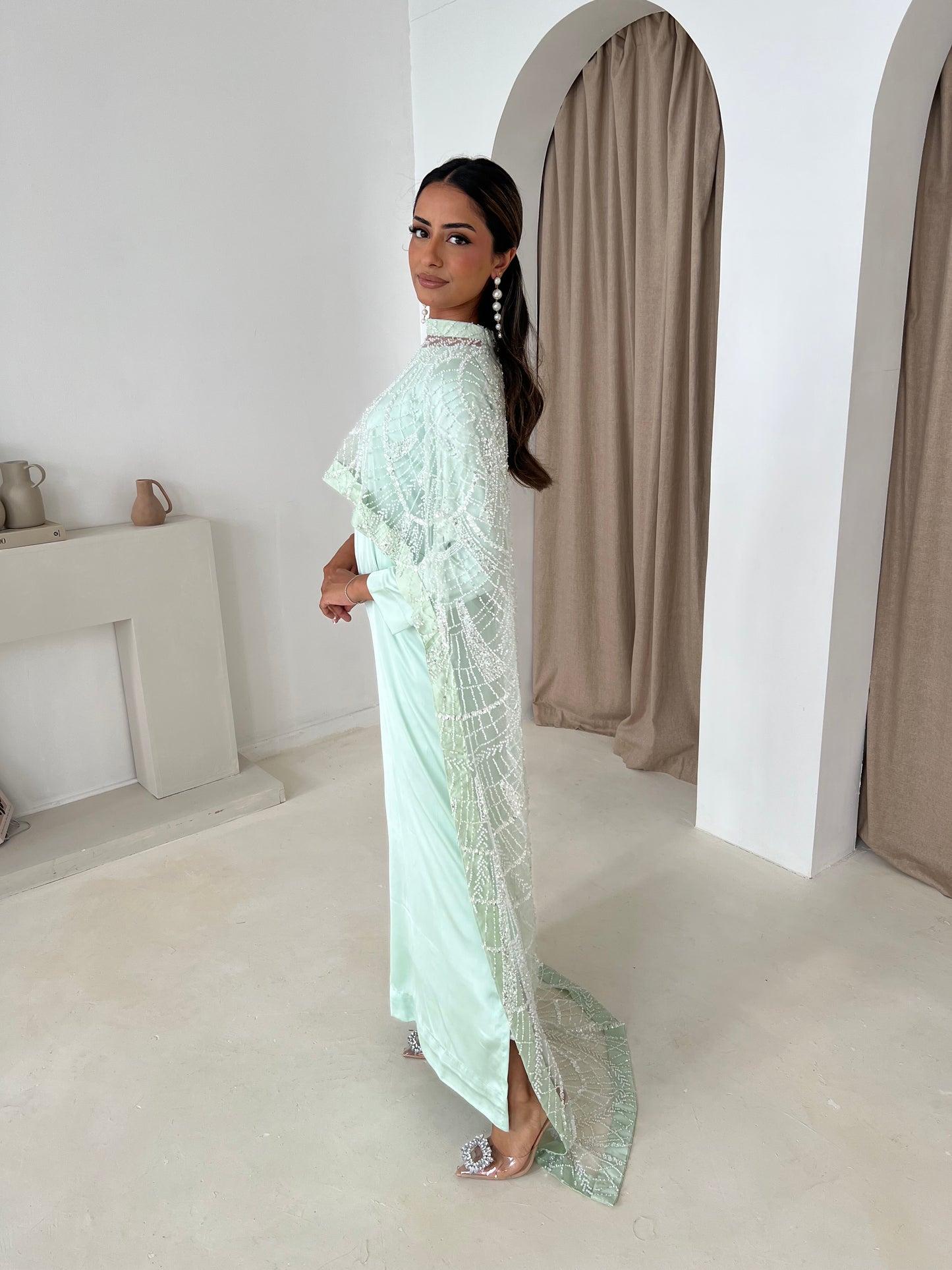 Pakistani cape outfit mint with slip dress