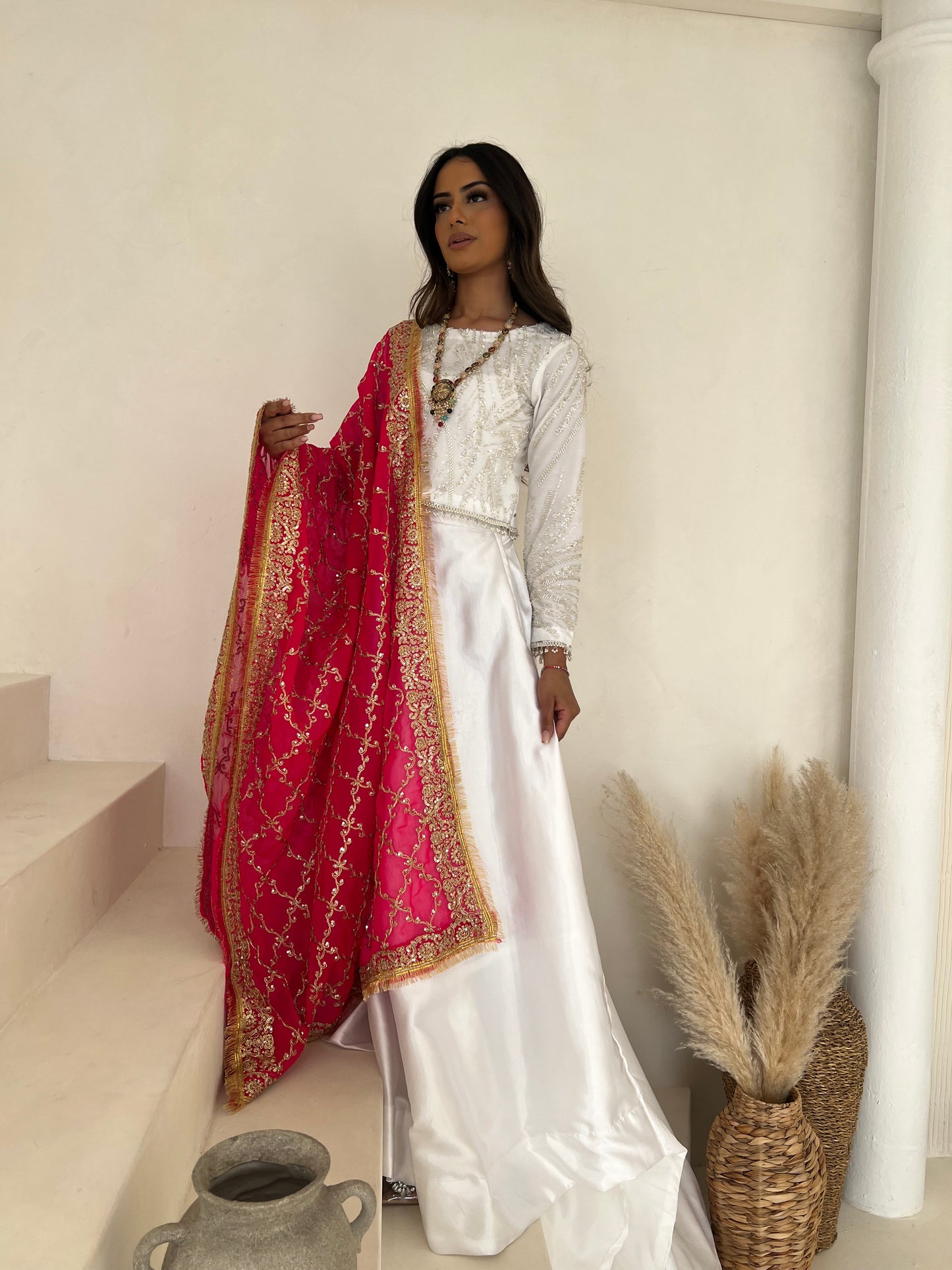 chiffon dori work dupatta hot pink with sequins